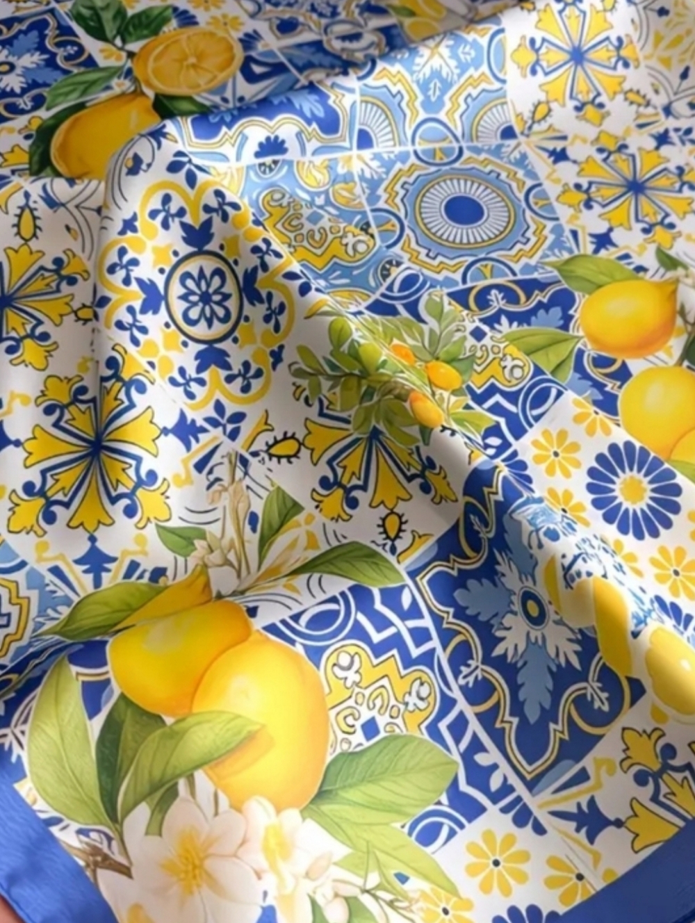 Blue & Yellow Lemon Tile Silk Scarf - Picture 3 of 4